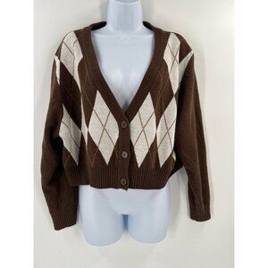 H&M Divided Women XL Argyle Knit Cardigan Sweater Brown & White Preppy